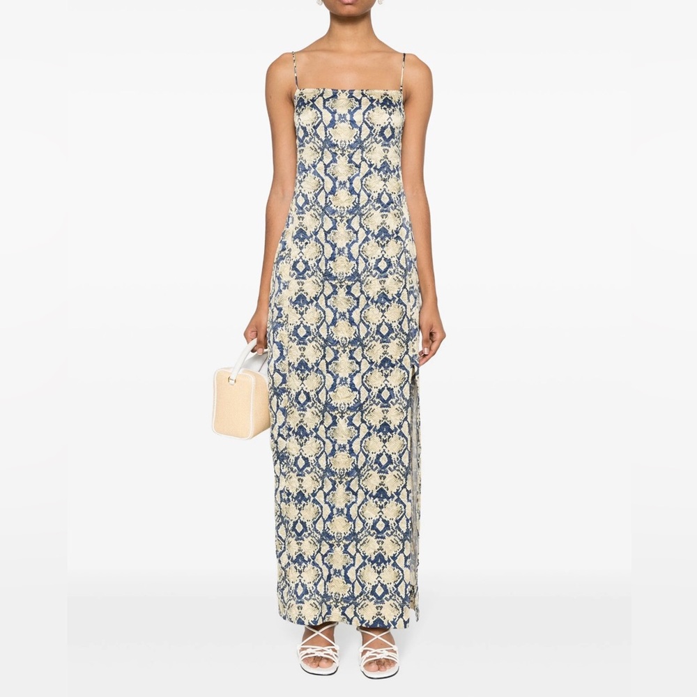 Ganni Snake Printed Crinkled Satin Midi Slip Dress